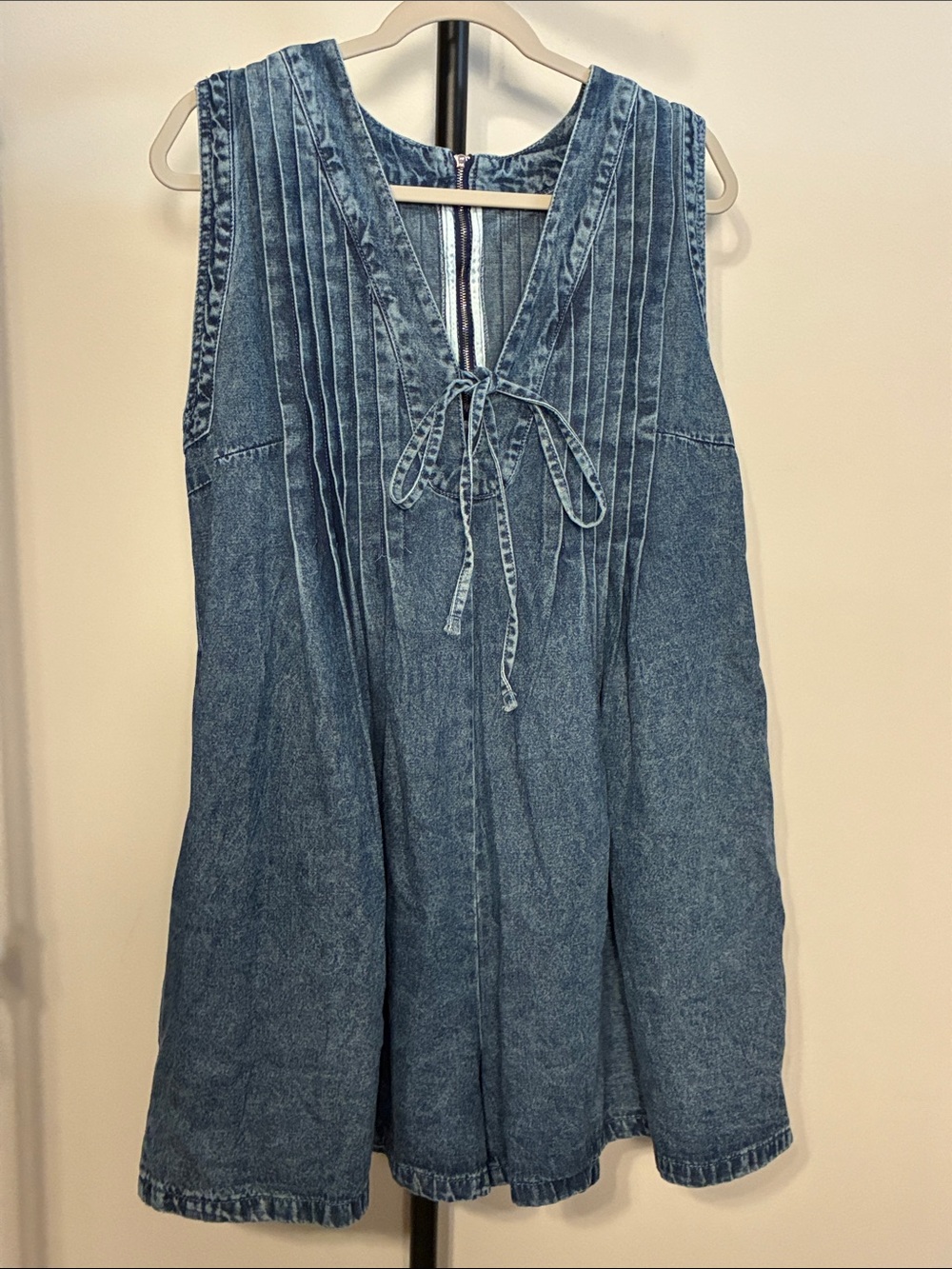 Denim Short Overalls Y2k Sleeveless Tie Front Denim Romper Loose Pleated Large